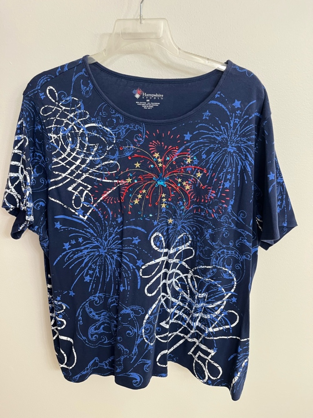 EUC Hampshire Studio 3X Navy Fireworks Graphic Tee w/Sequins. Celebrate USA 250